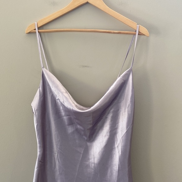 Lavender Sexy Cowl Neck Silky Slip Sleeveless Asymmetrical Side Slit Midi Dress - Picture 3 of 4